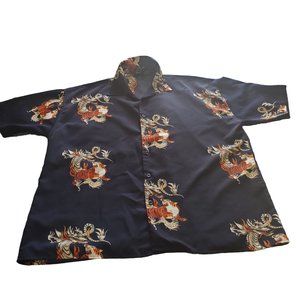 Vintage No Contest Microfiber Dragon/Tiger Print Men's Blue Button Up Shirt 2XL